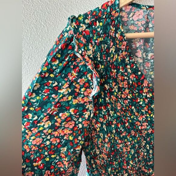 J Crew Smocked V Neck Long Sleeve Micro Floral Ruffle Midi Dress Green Size M - Picture 4 of 12
